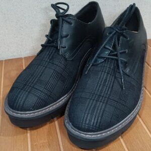 Clarks Collection Women 7.5 Plaid Fabric Oxford Wedge Platform Loafer Black NWT